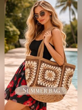 Handcrafted Crochet Tote Bag - Beige and Green